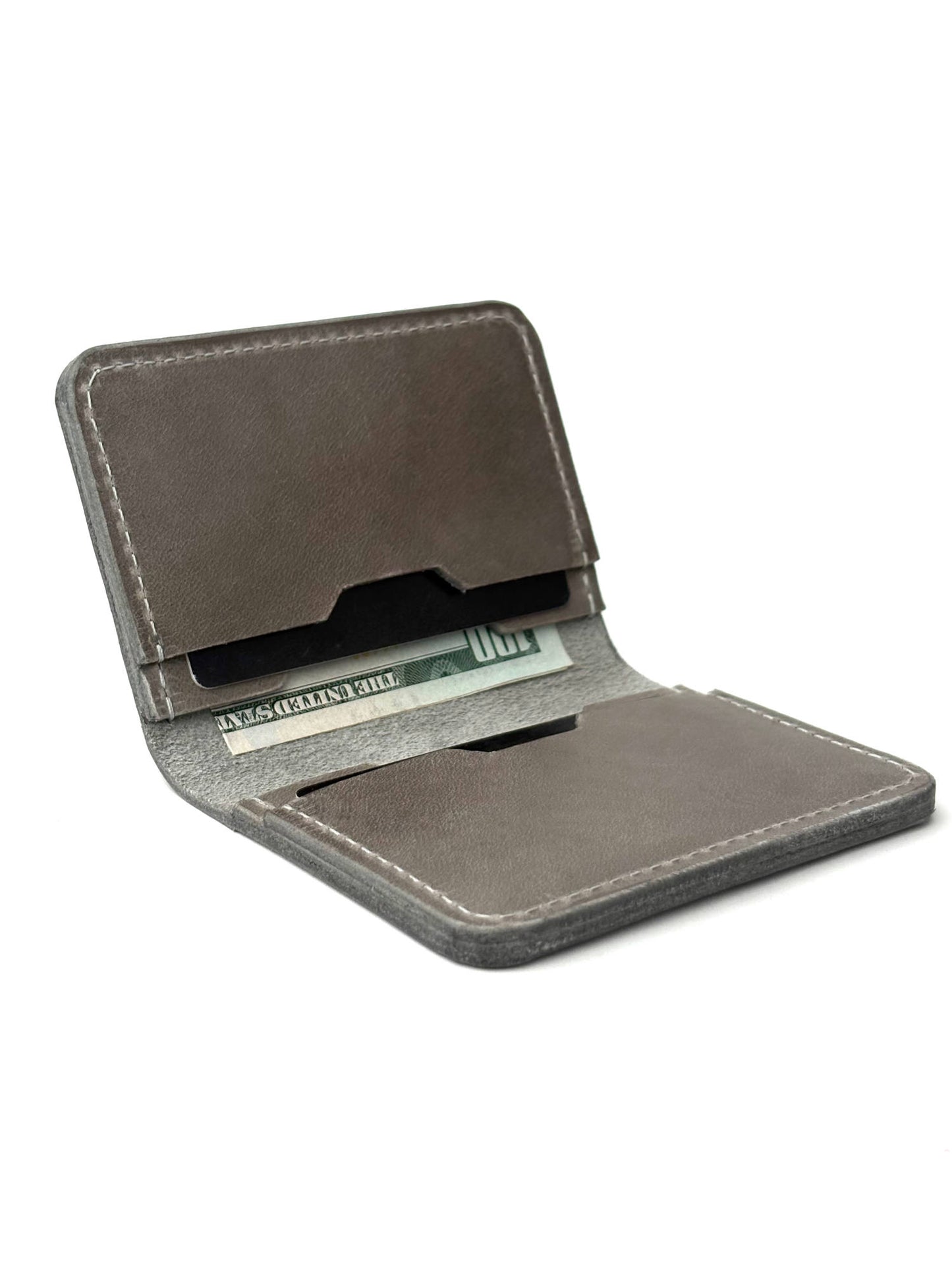 grey fold leather wallet front view with cash and cards laying full