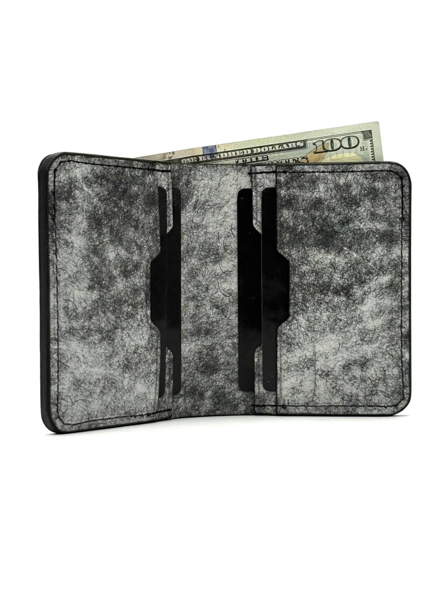 black glance leather bifold wallet font view opened with cash and cards