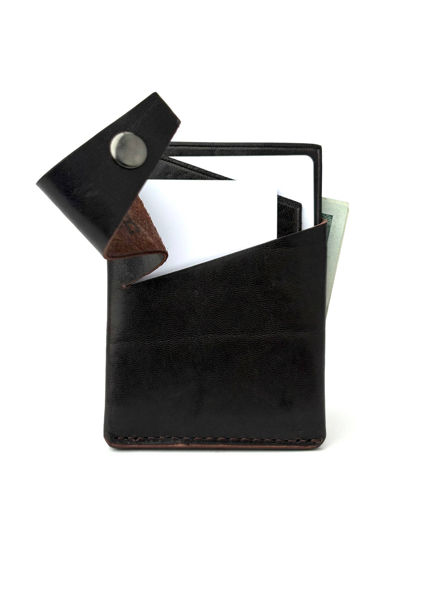 black aspen keeper leather wallet front view opened with cash and cards