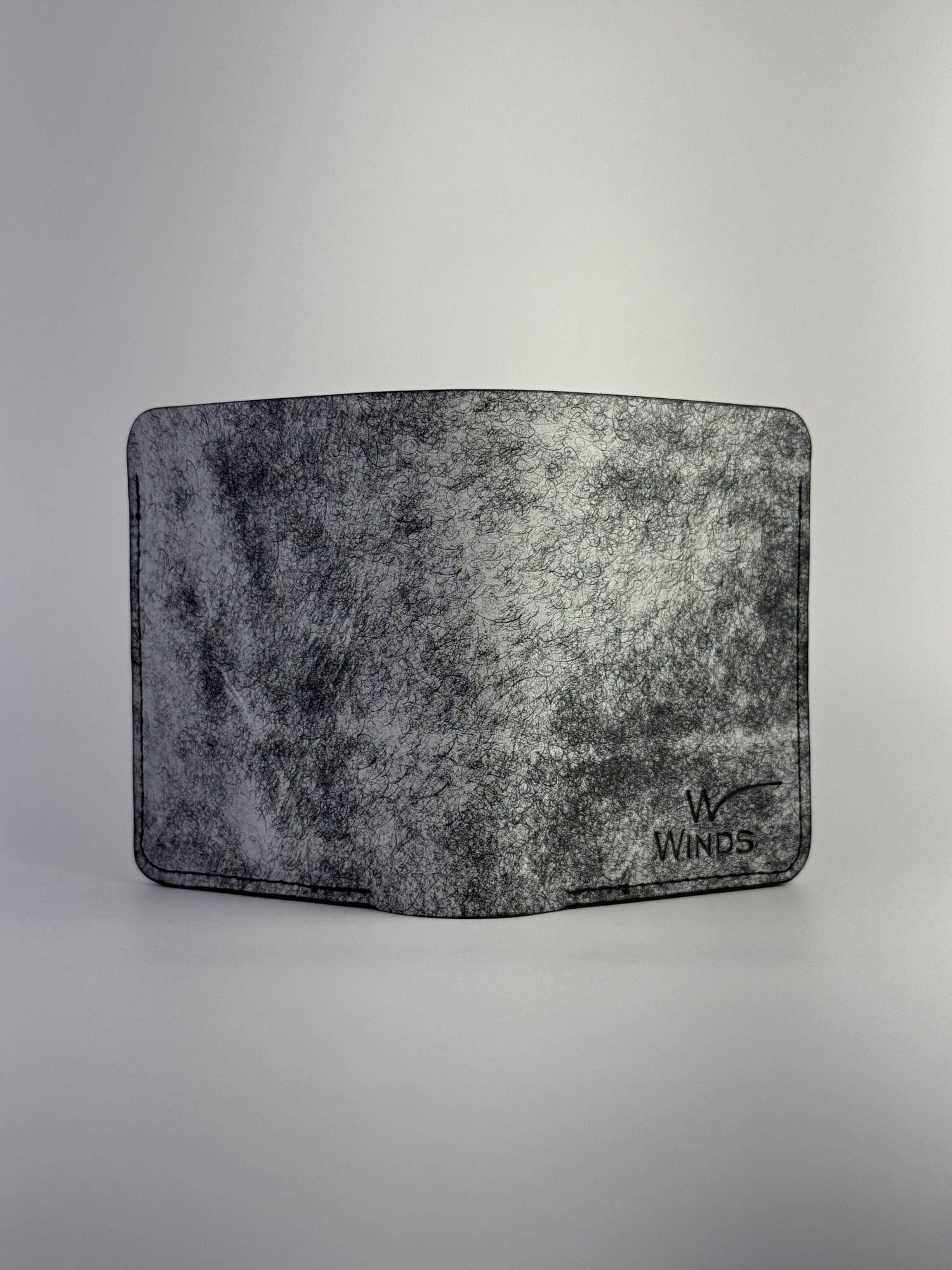 black glance leather wallet back side view with Winds logo, on a white background