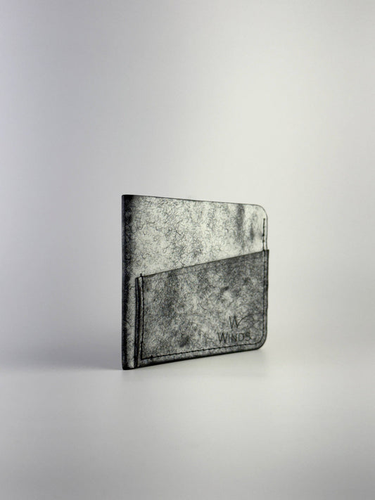 black wing leather cardholder rotated front side with Winds logo, on a white background