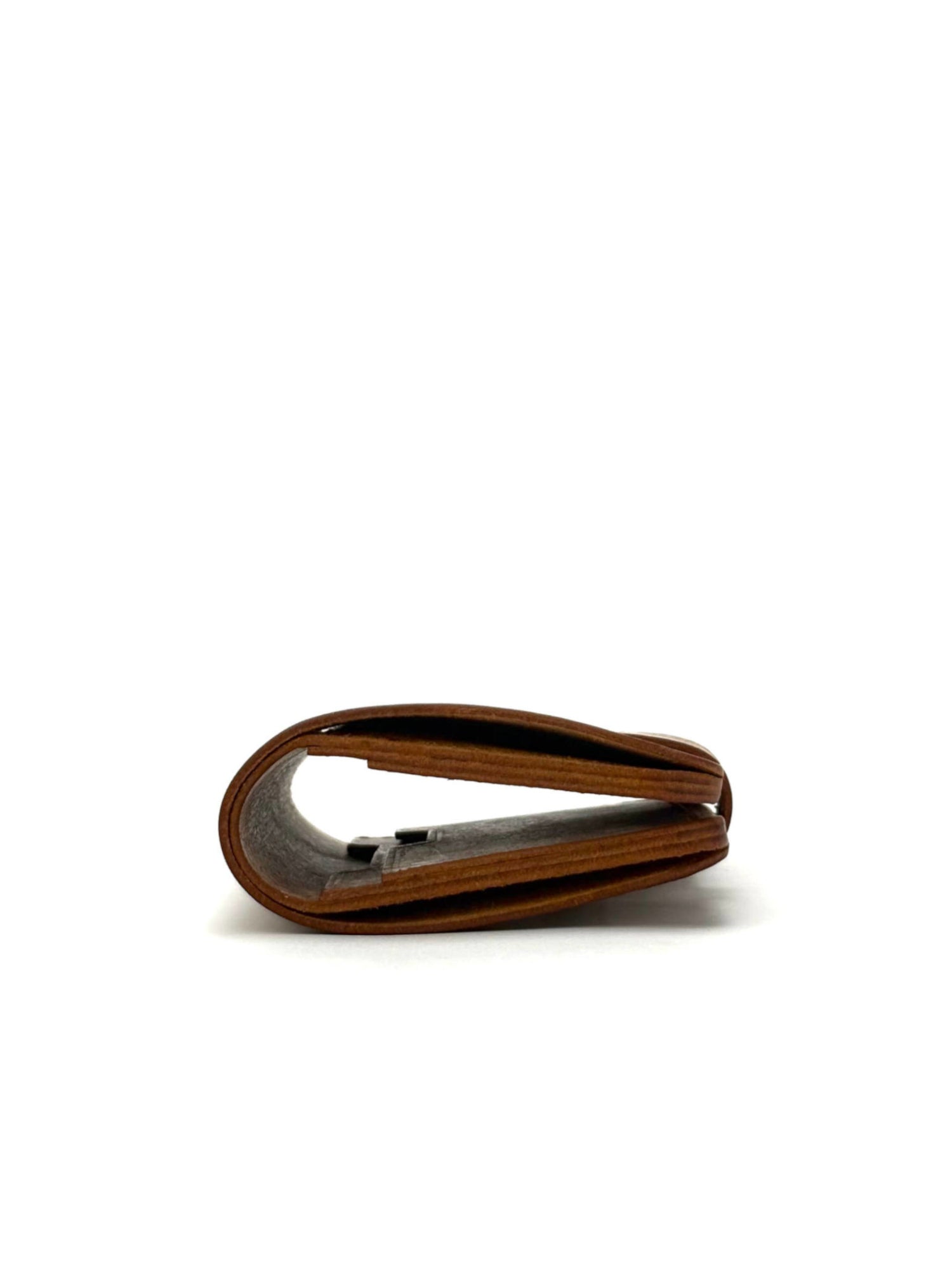 brown glance leather wallet with strap, closed edge view lying and closed