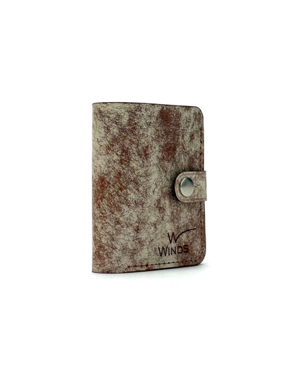 brown glance bifold wallet with strap, rotated front view closed with Winds logo