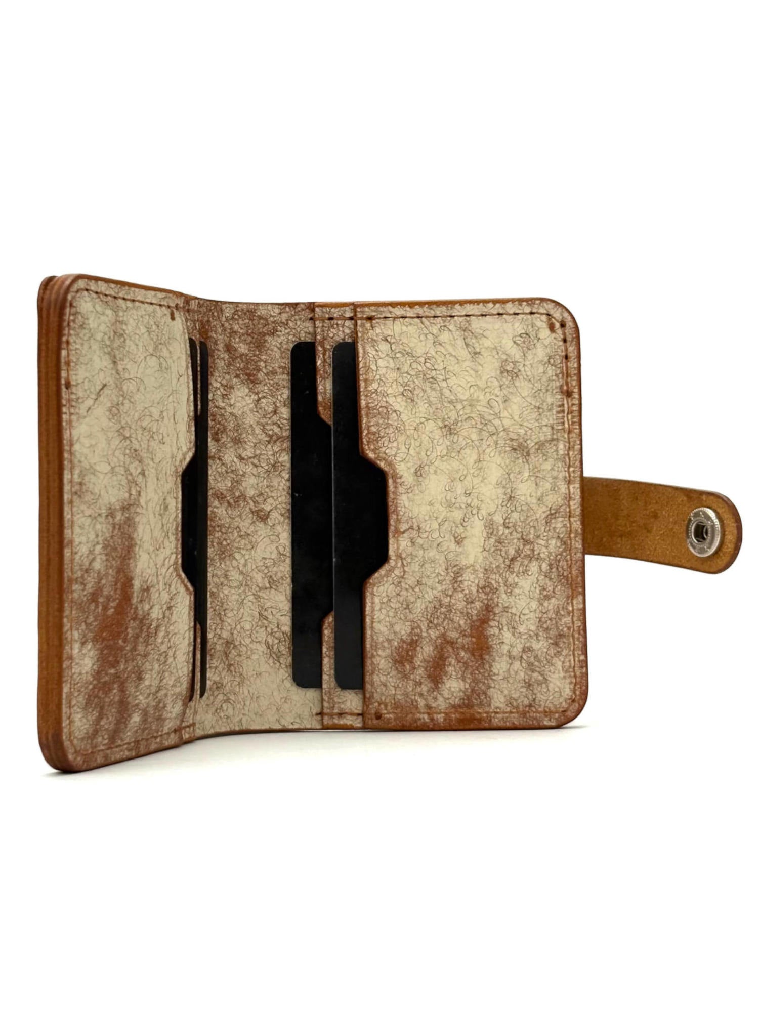 brown glance bifold wallet with strap, opened front edge view with cash and cards