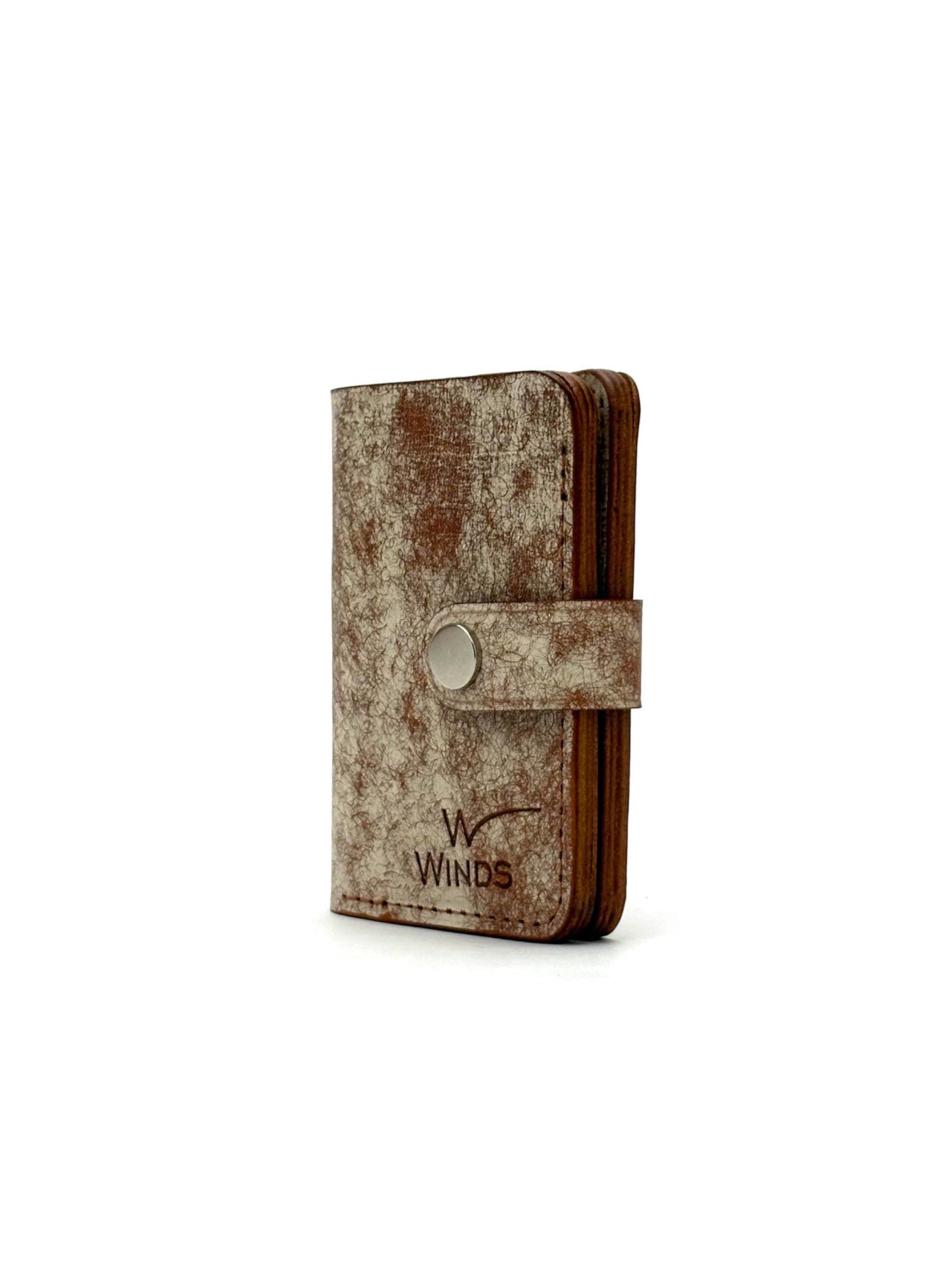brown glance bifold wallet with strap, rotated front edge view closed with Winds logo