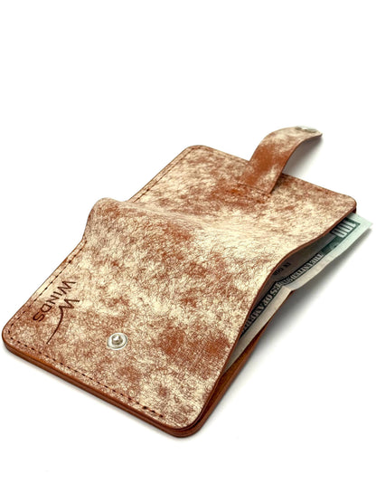 brown glance bifold wallet with strap, opened back view with cash and Winds logo