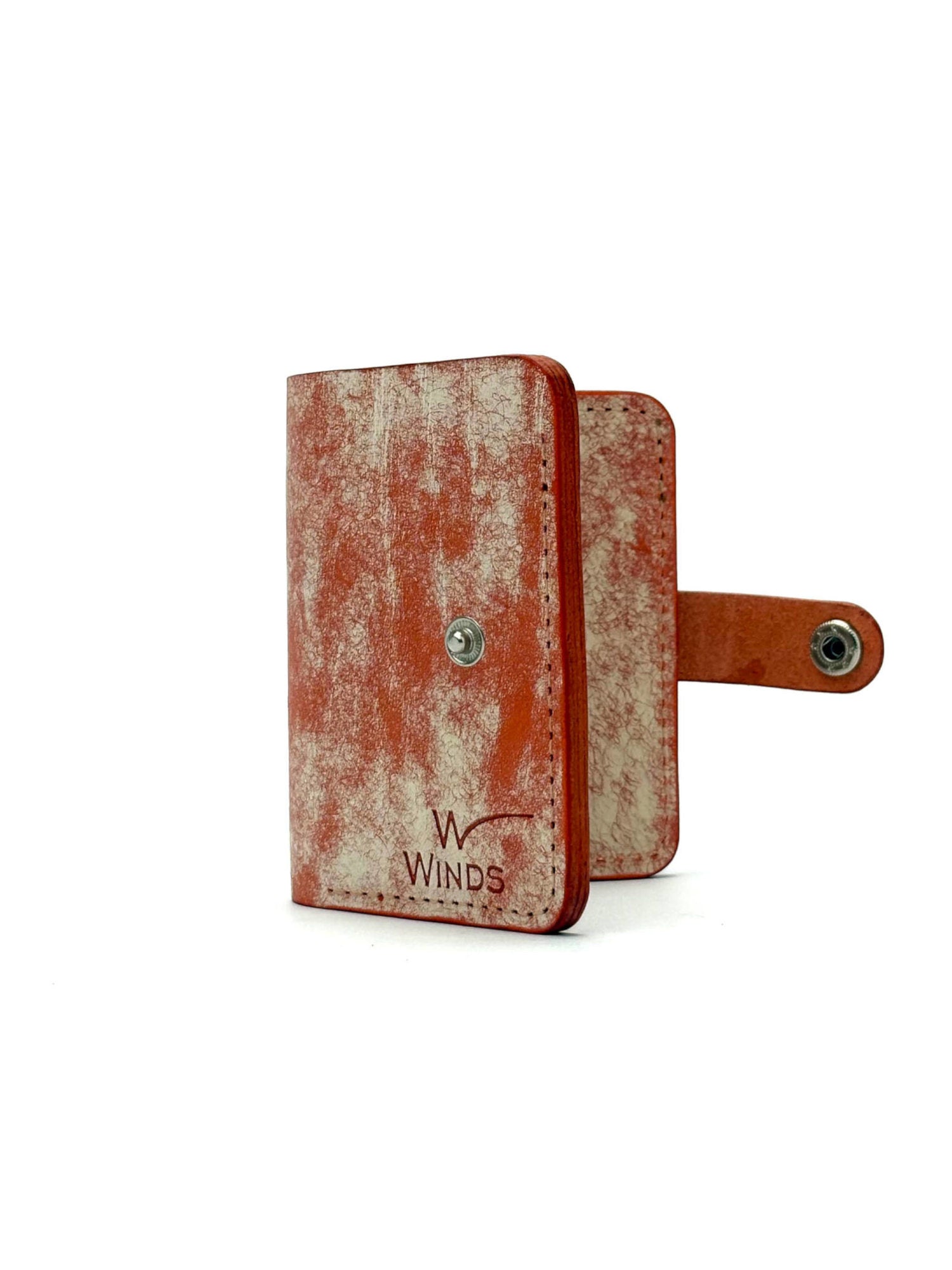 orange glance bifold wallet with strap, rotated front view opened with Winds logo