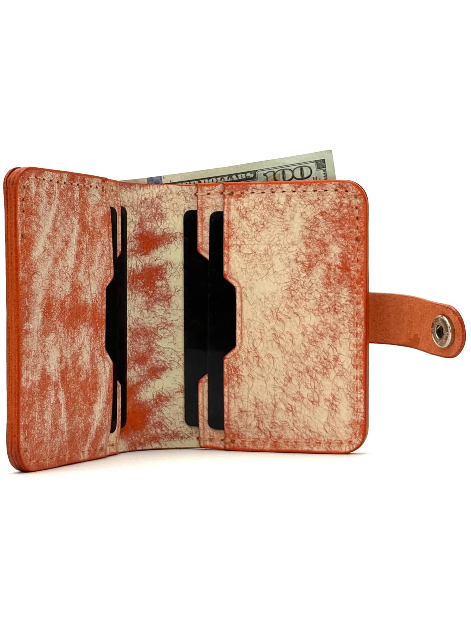 orange glance bifold wallet with strap, opened front edge view with cash and cards