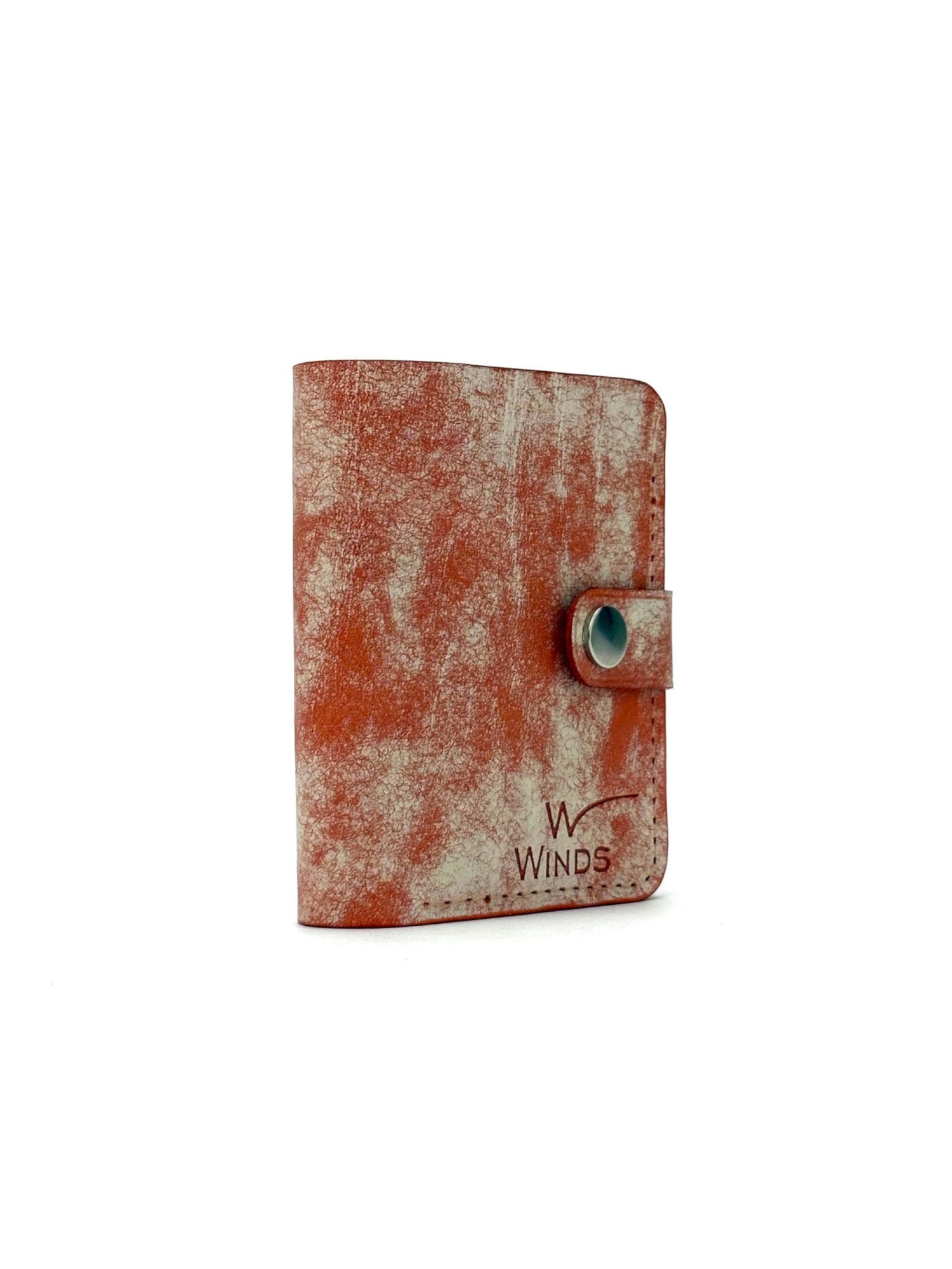 orange glance bifold wallet with strap, rotated front view closed with Winds logo