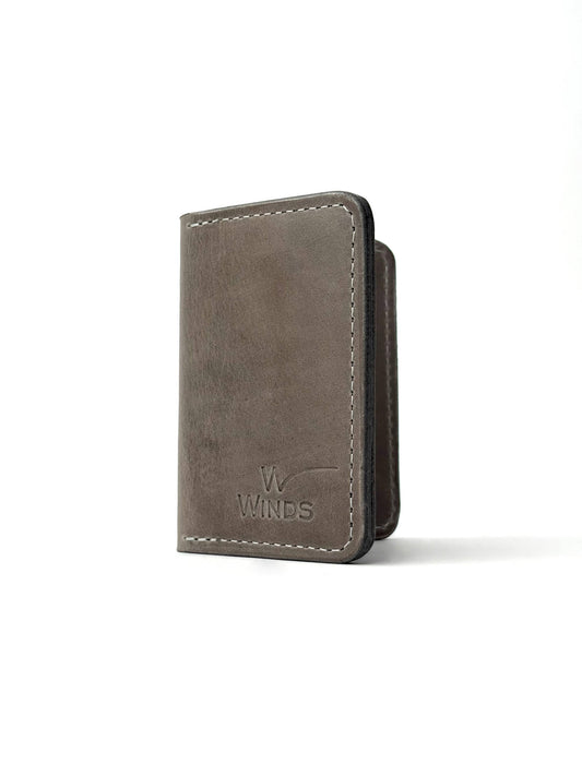 grey fold leather wallet front view with Winds logo