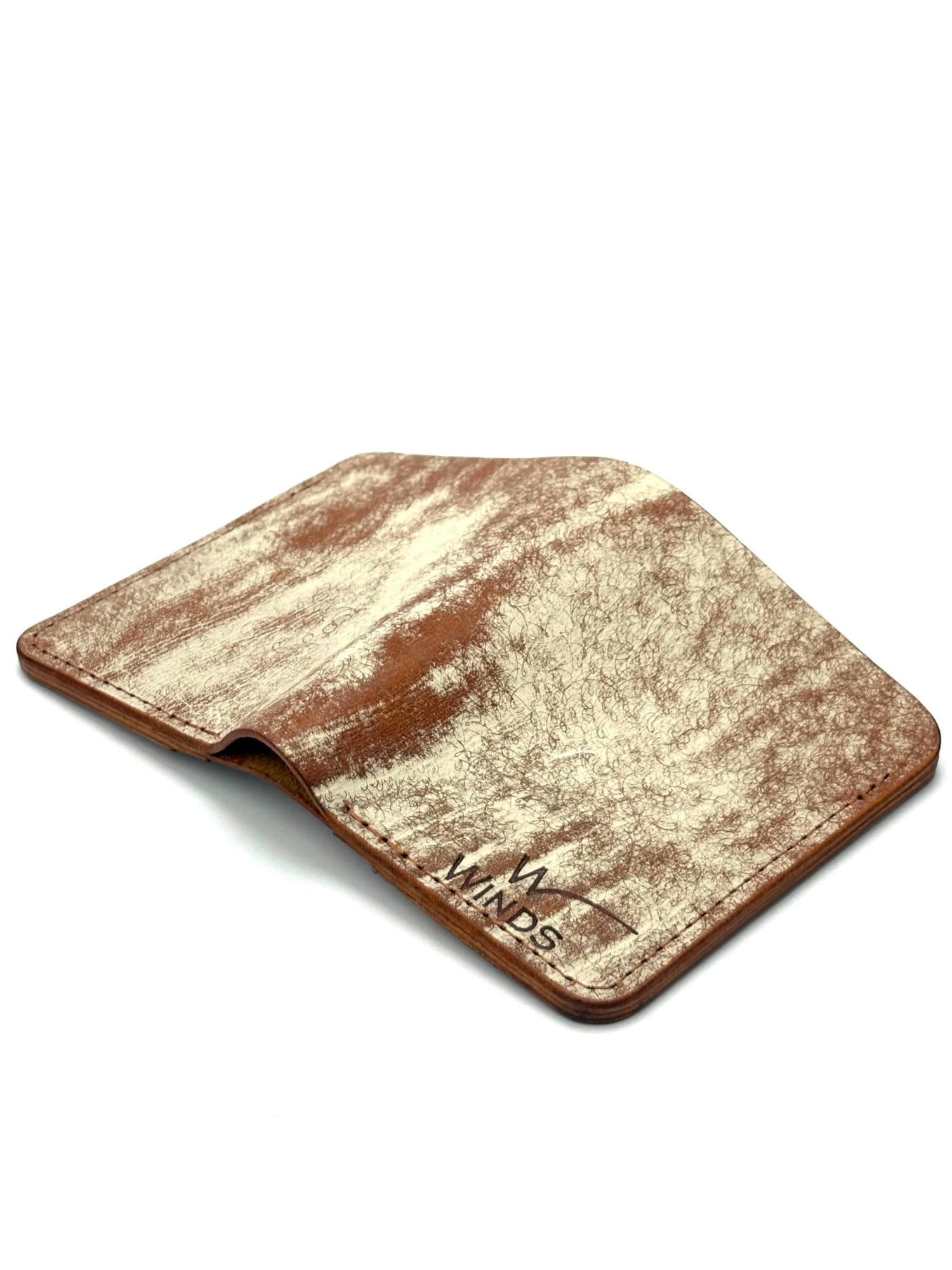 brown glance leather bifold wallet back view opened with Winds logo