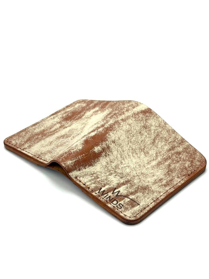 brown glance leather bifold wallet back view opened with Winds logo