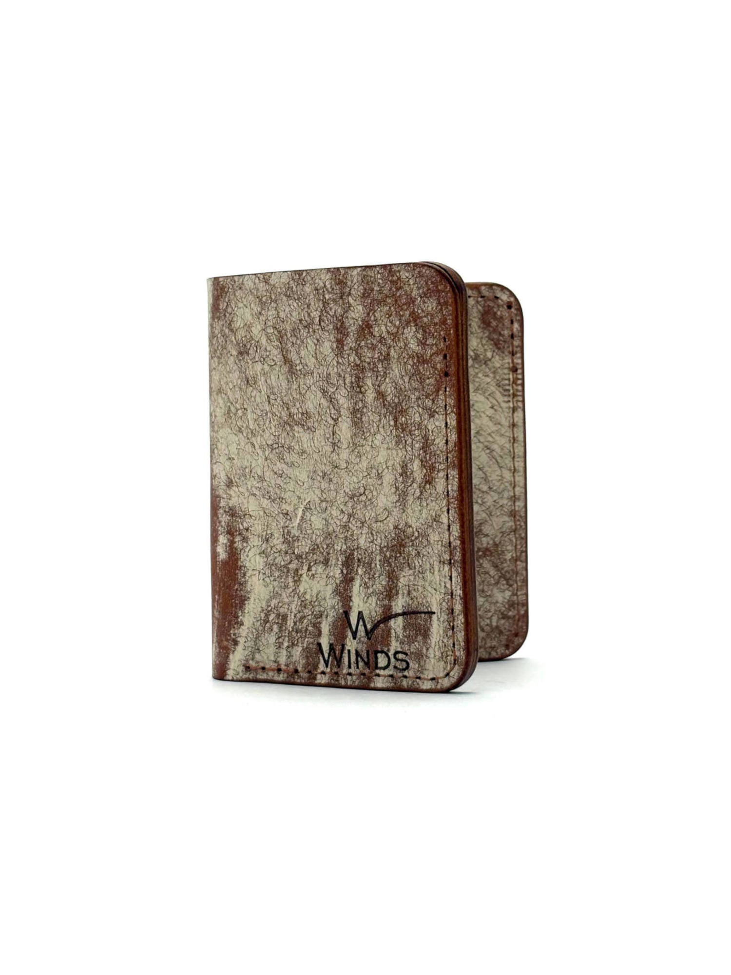 brown glance leather bifold wallet front view opened with Winds logo