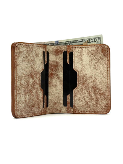 brown glance leather bifold wallet front view opened with cash and cards