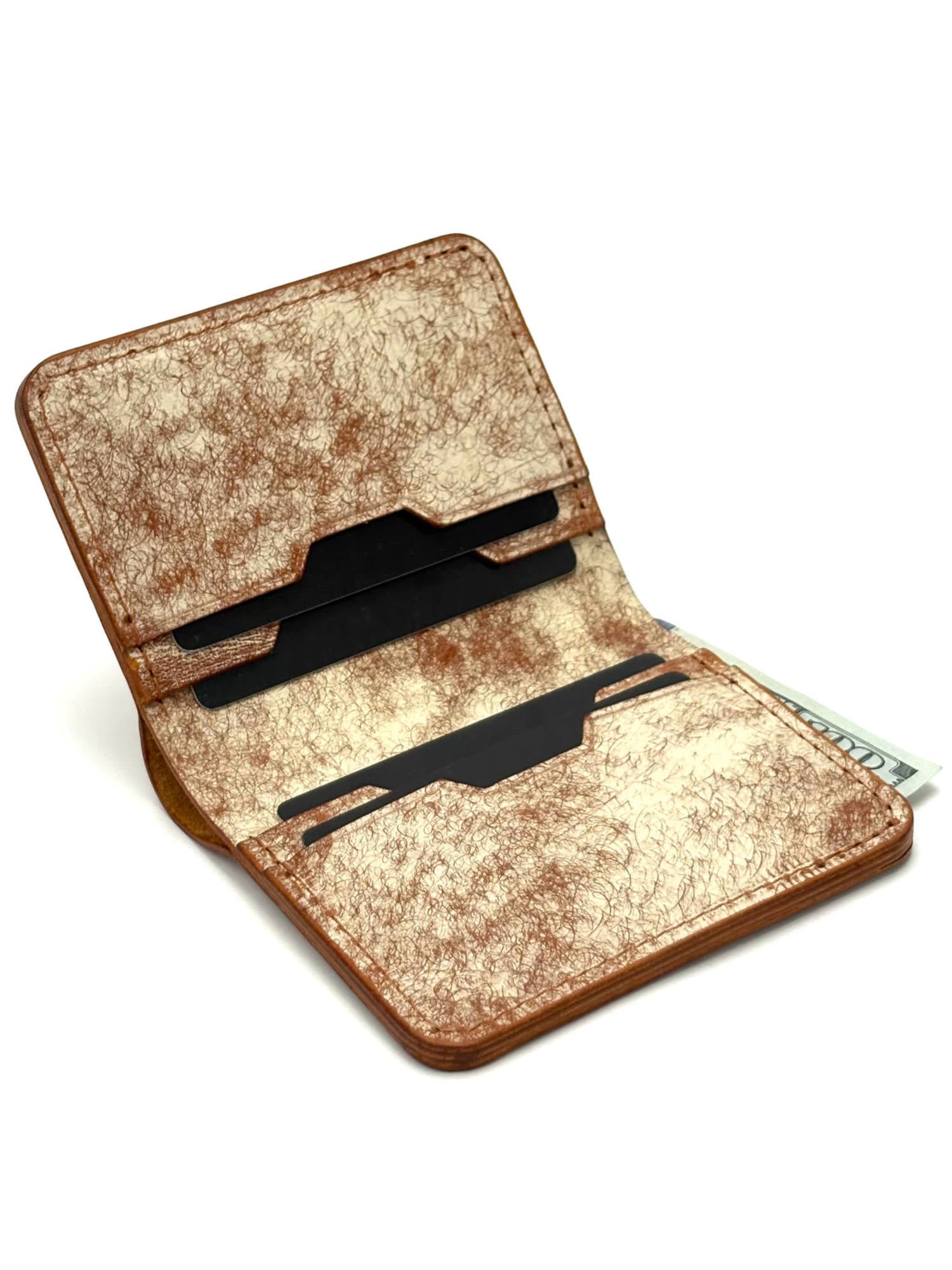 brown glance leather bifold wallet front view opened with cash and cards rotated