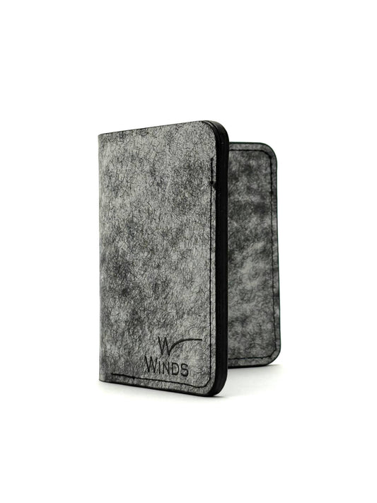 black glance leather bifold wallet front view opened with Winds logo