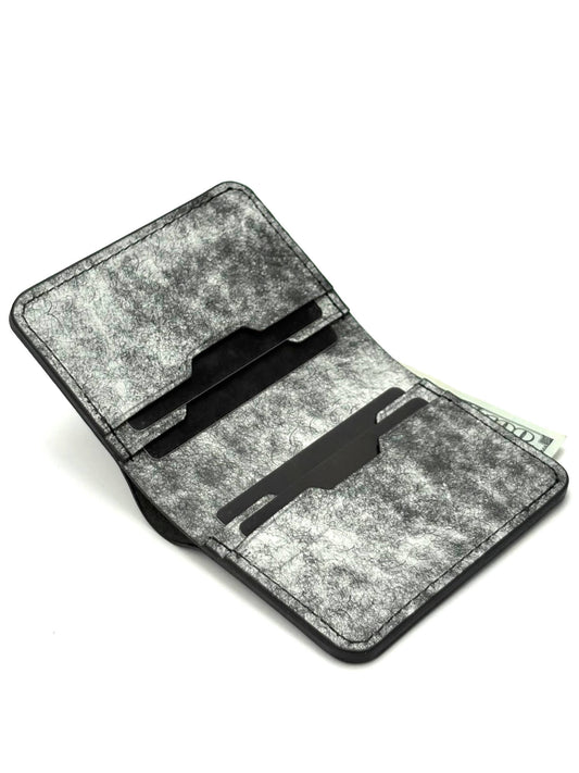 black glance leather bifold wallet front view opened with cards and cash