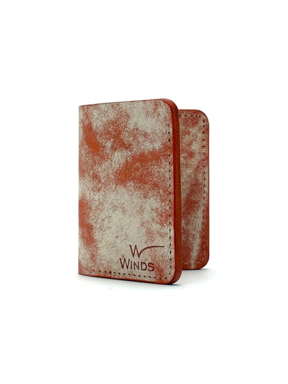 orange glance leather bifold wallet front view opened with Winds logo