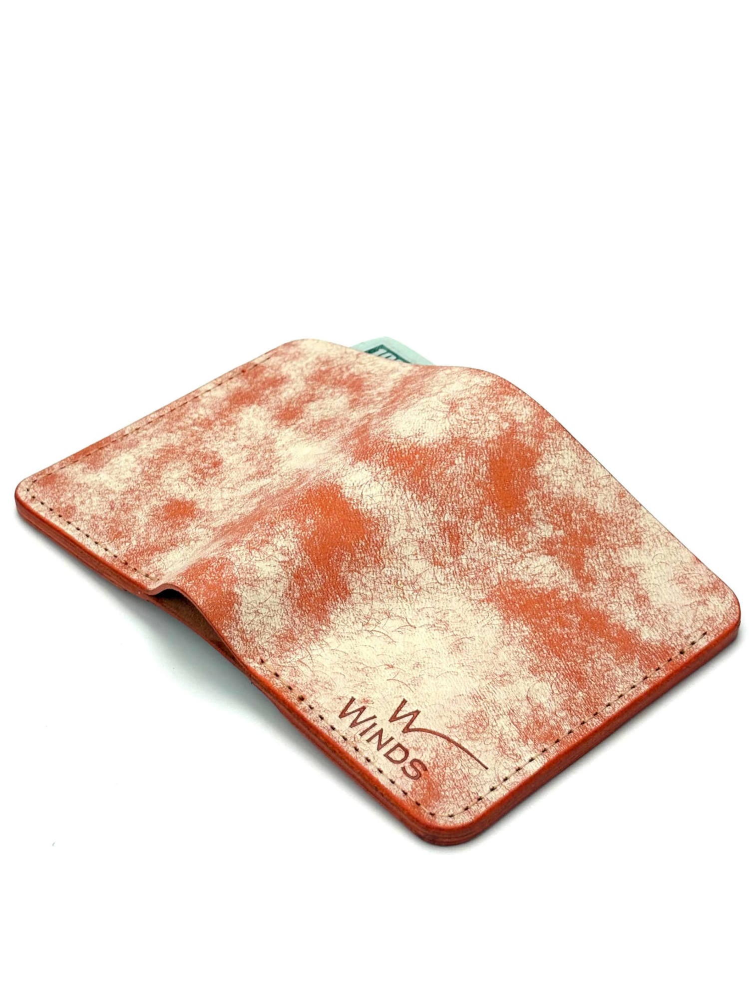 orange glance leather bifold wallet back view opened with cash, cards and Winds logo