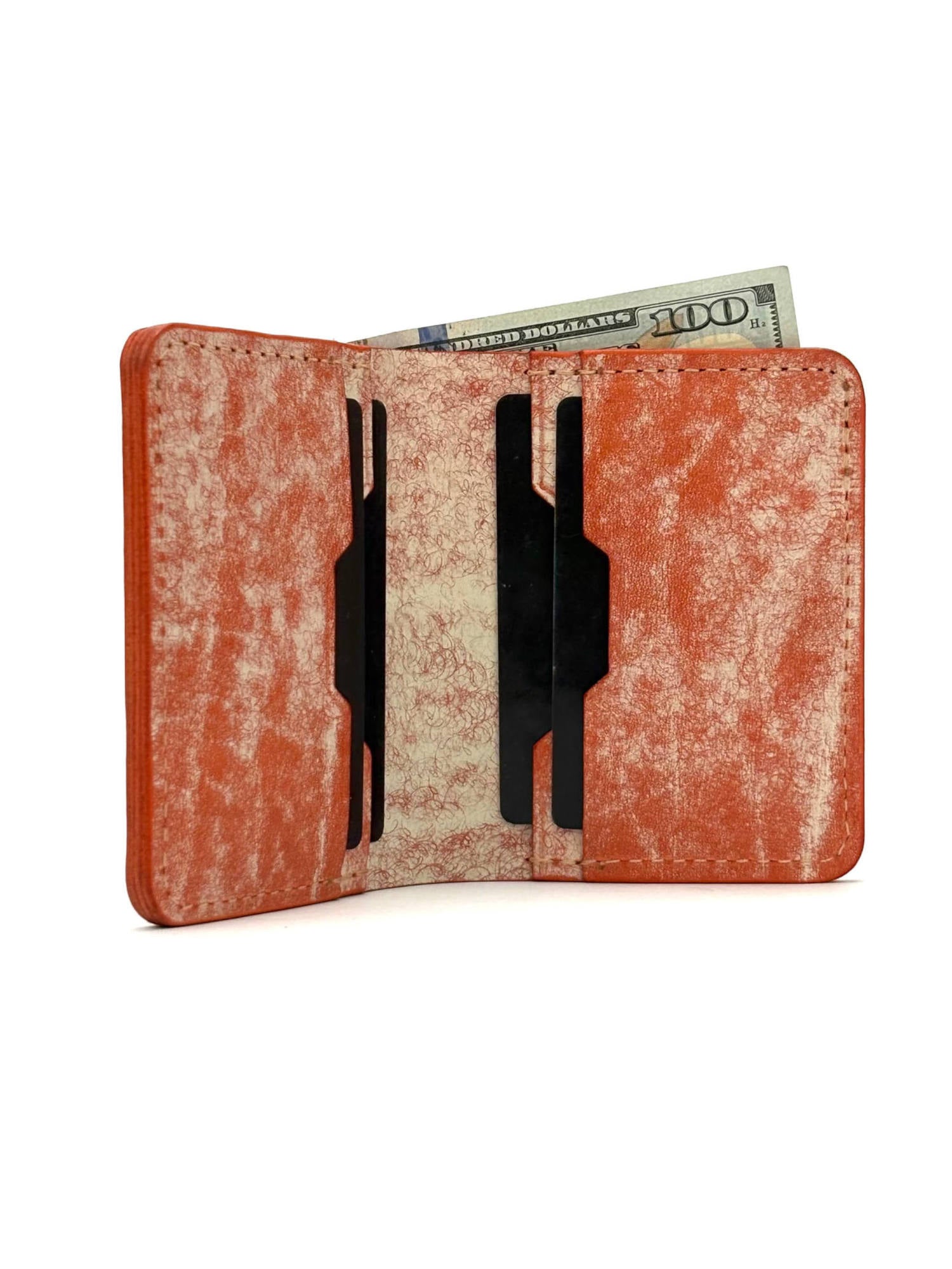 orange glance leather bifold wallet front view opened with cash and cards