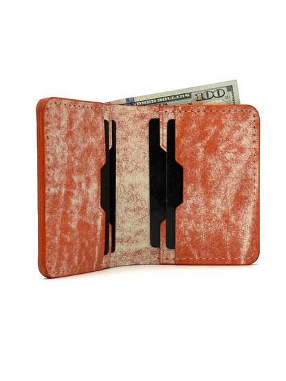 orange glance leather bifold wallet front view opened with cash and cards