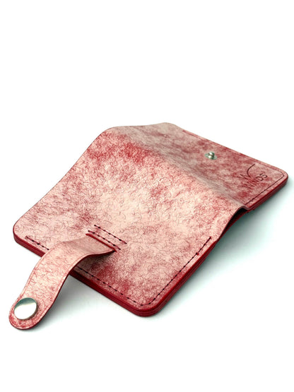 red glance bifold wallet with strap, opened back view with Winds logo