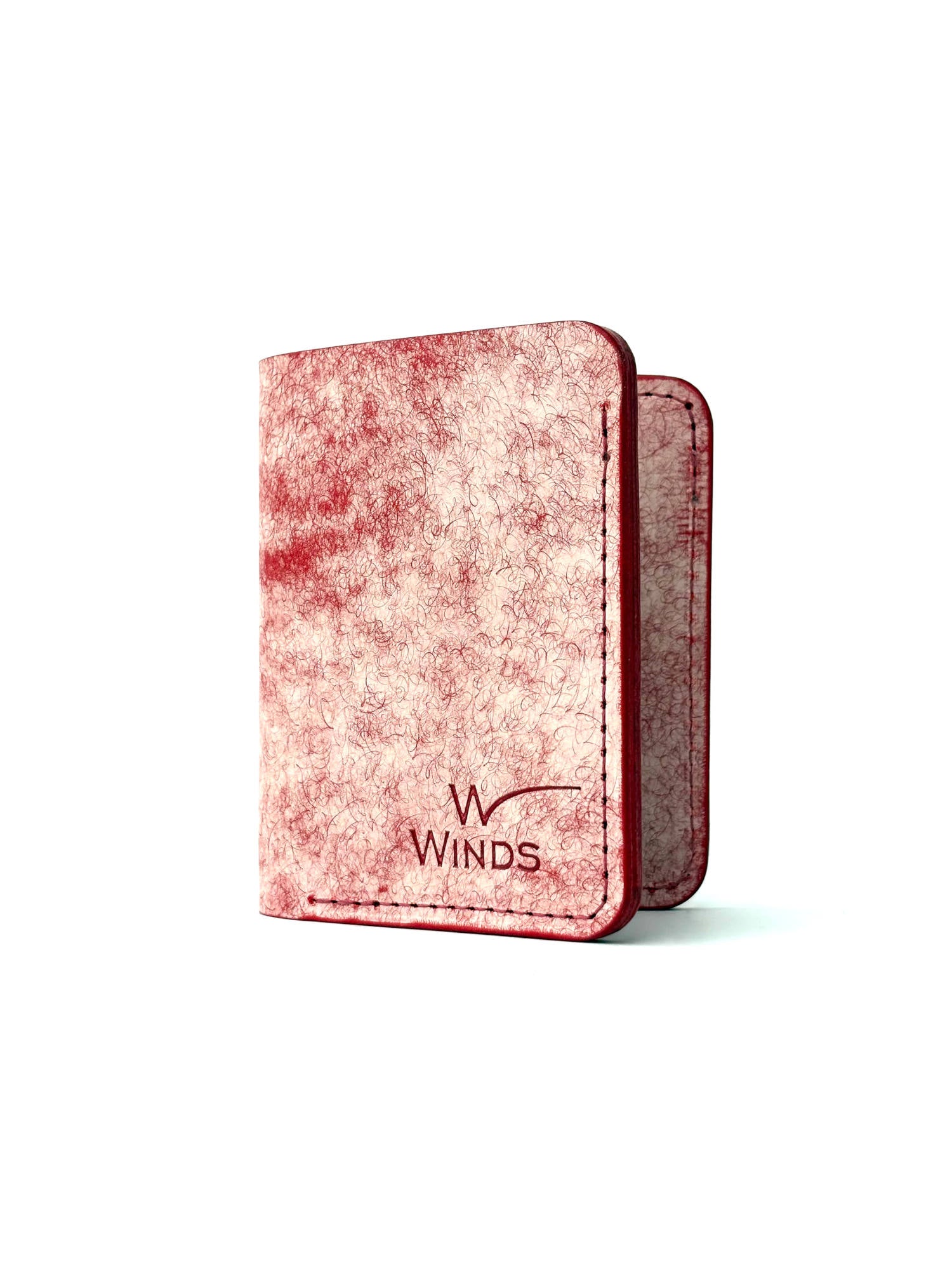 red glance leather bifold wallet font view opened with Winds logo
