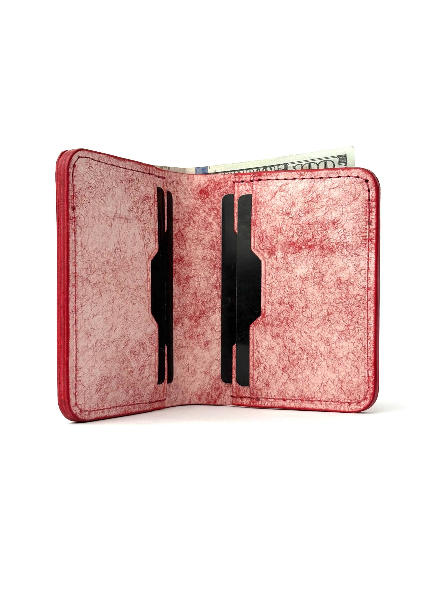 red glance leather bifold wallet front view opened with cash and cards