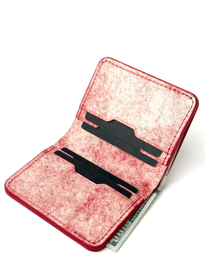 red glance leather bifold wallet front view opened with cash and cards