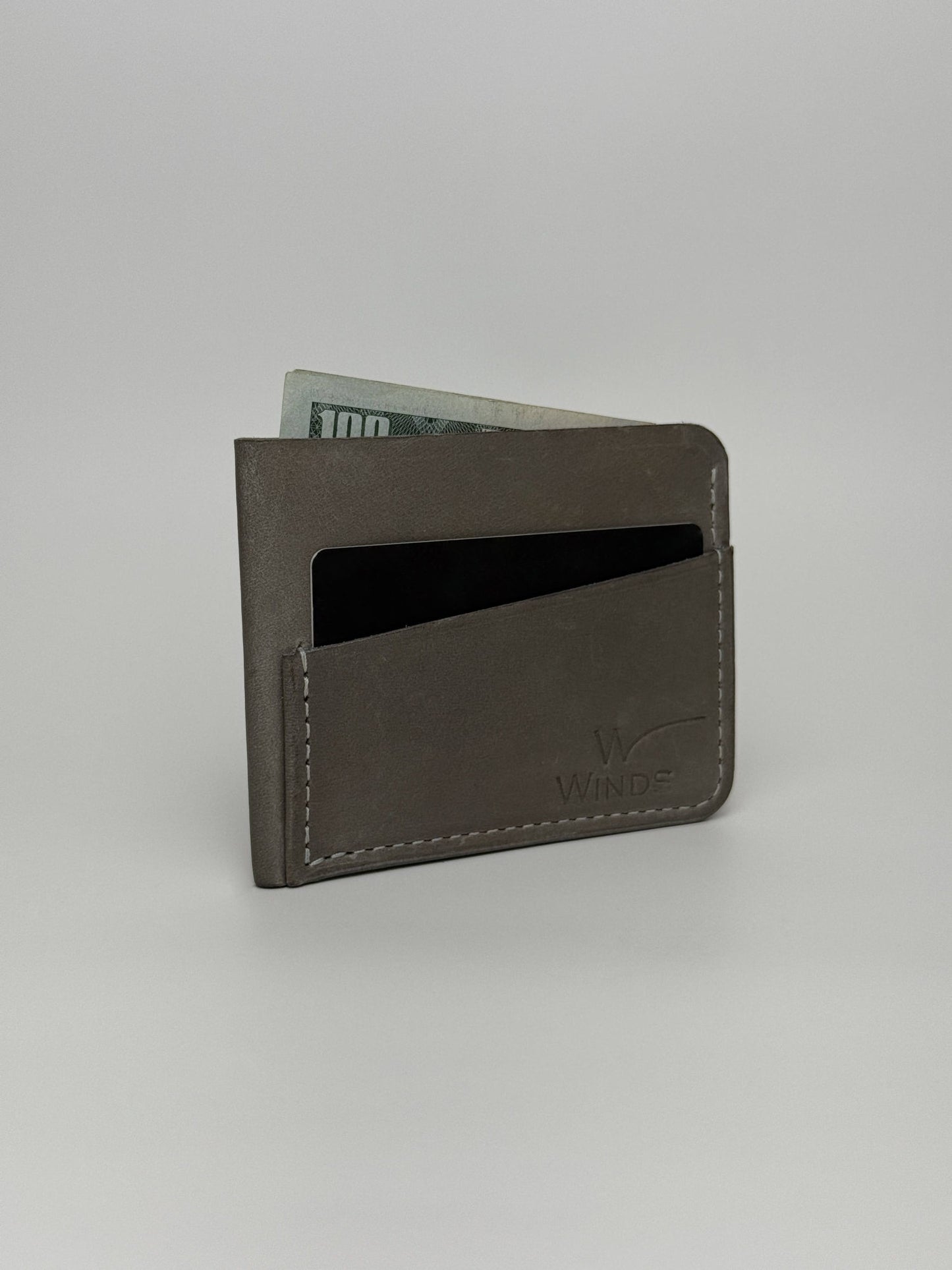 grey wing leather cardholder rotated front side with cards, cash and Winds, logo on a white background