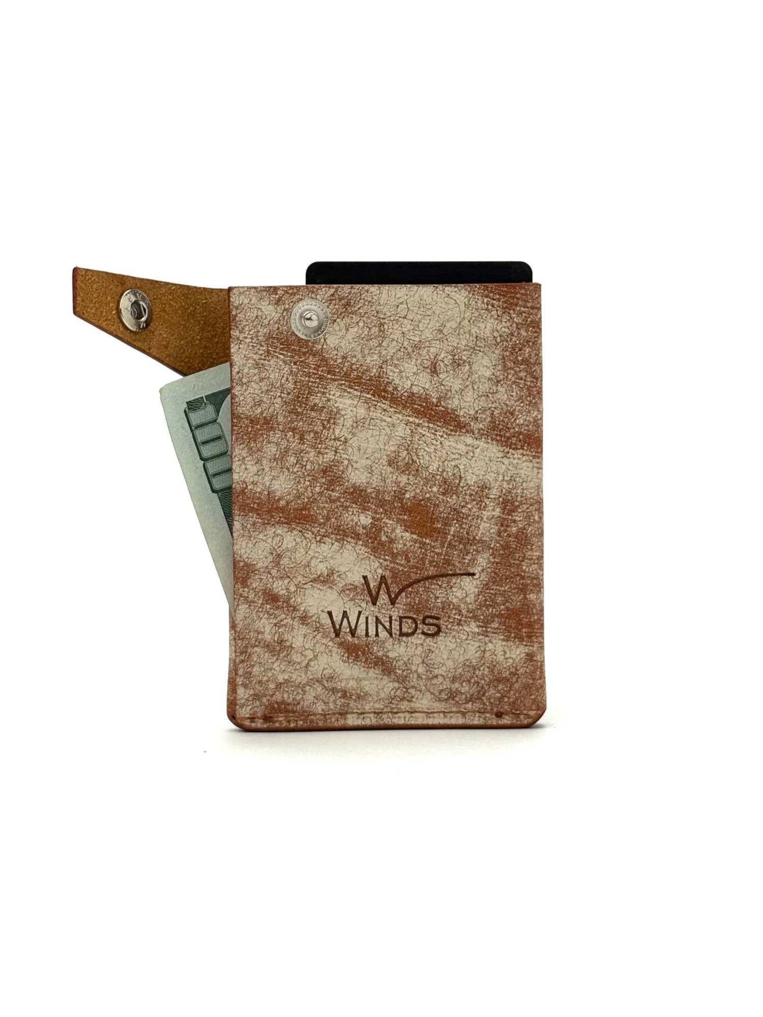 brown keeper leather wallet back view opened with Winds logo, cash and cards