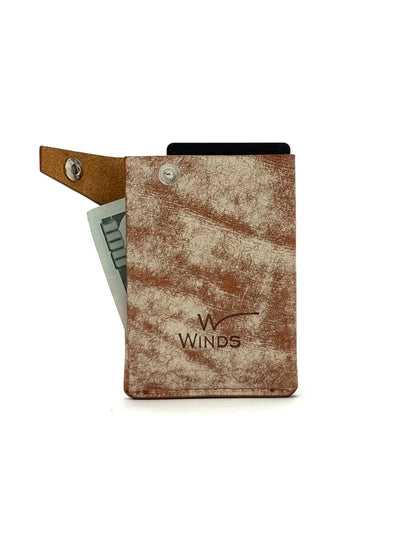 brown keeper leather wallet back view opened with Winds logo, cash and cards