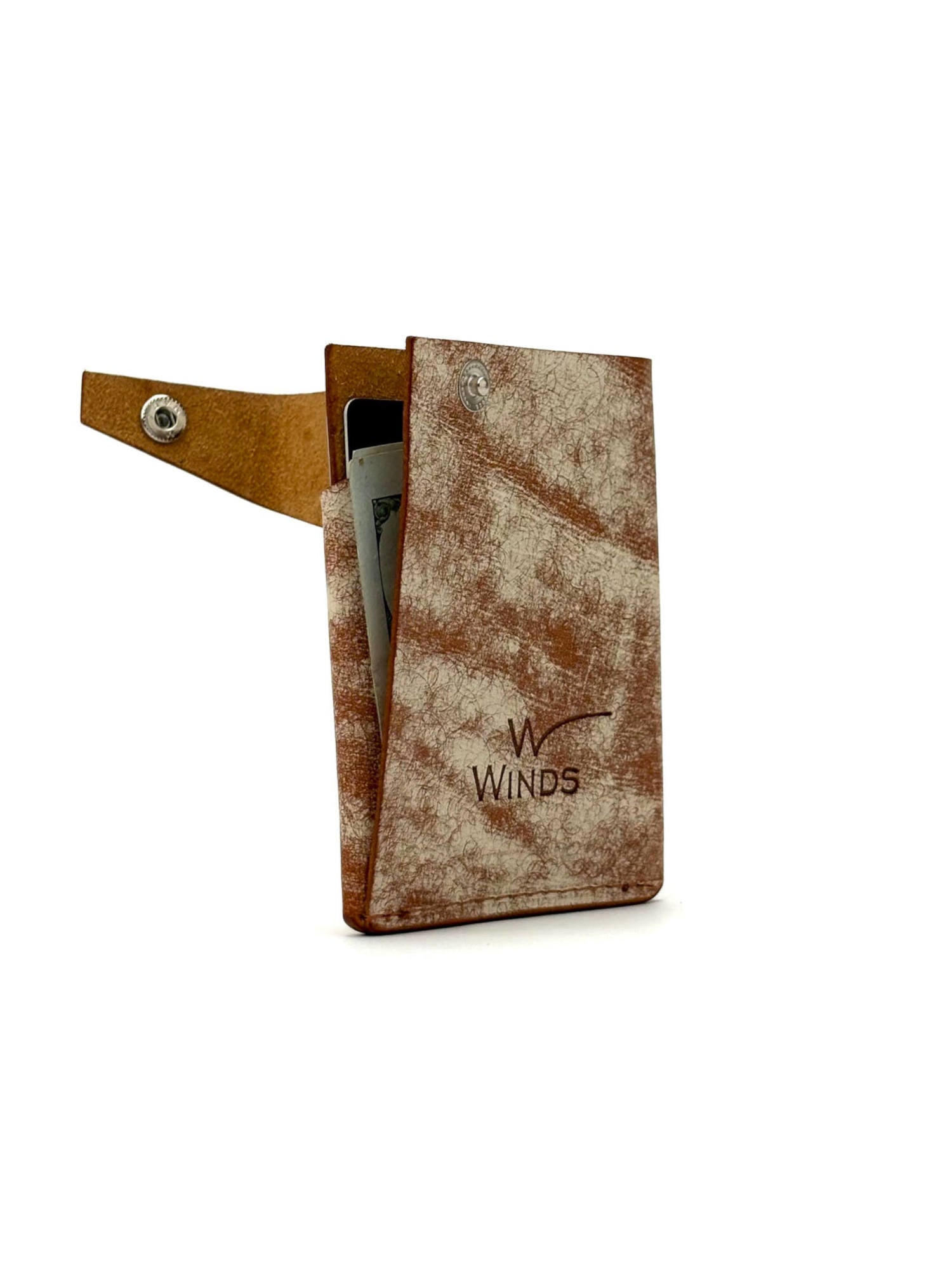brown keeper leather wallet back view opened and rotated with Winds logo, cash and cards