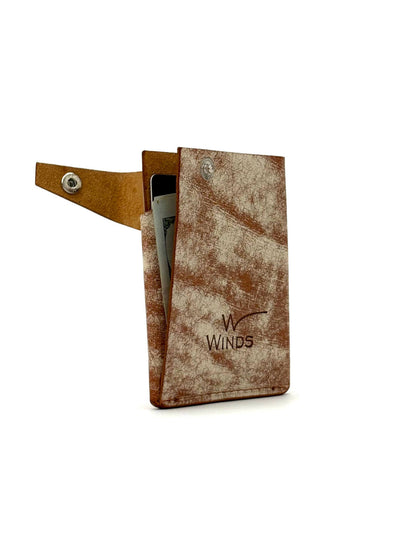 brown keeper leather wallet back view opened and rotated with Winds logo, cash and cards