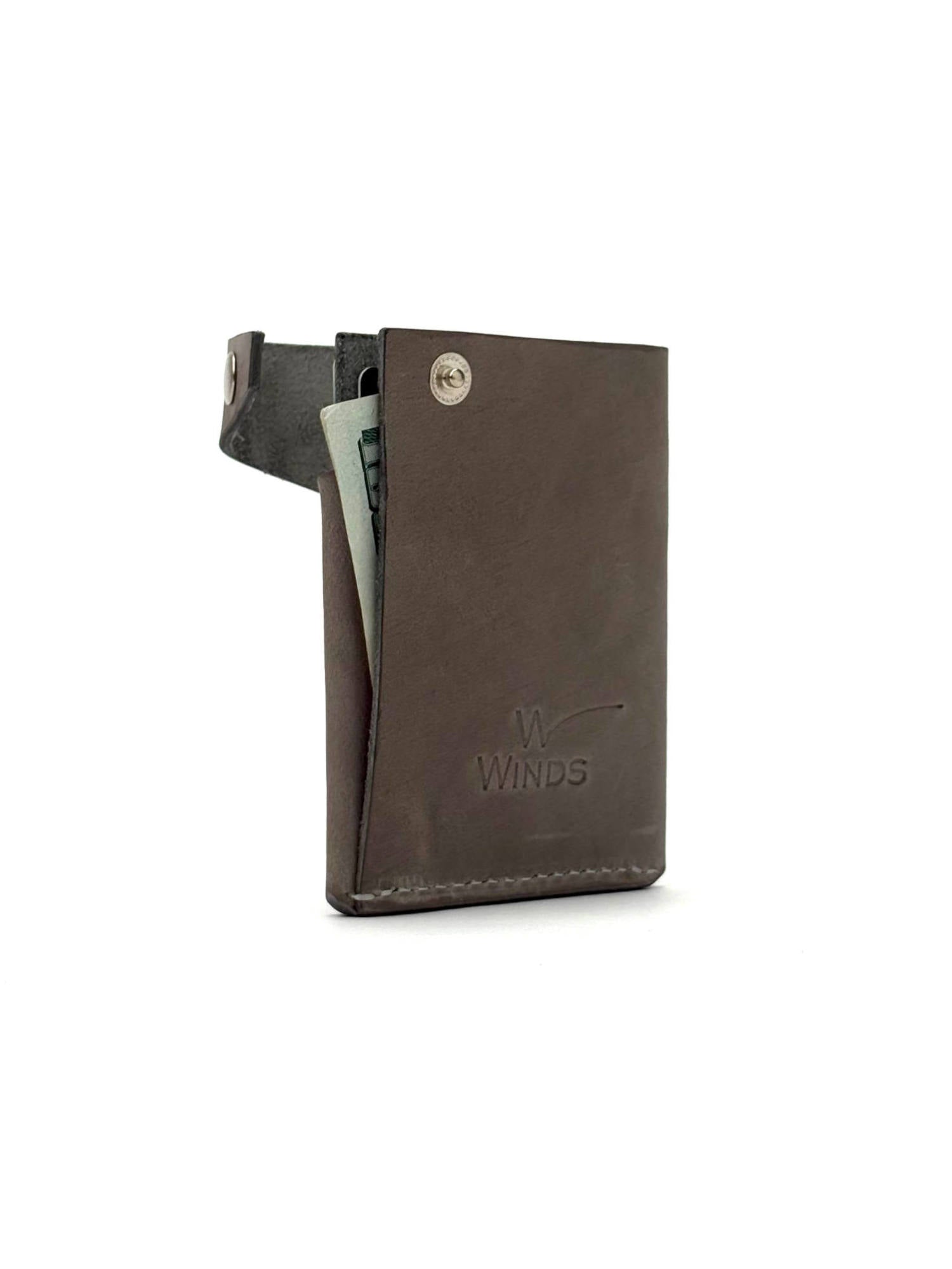 grey keeper leather wallet back view opened and rotated with Winds logo, cash and cards