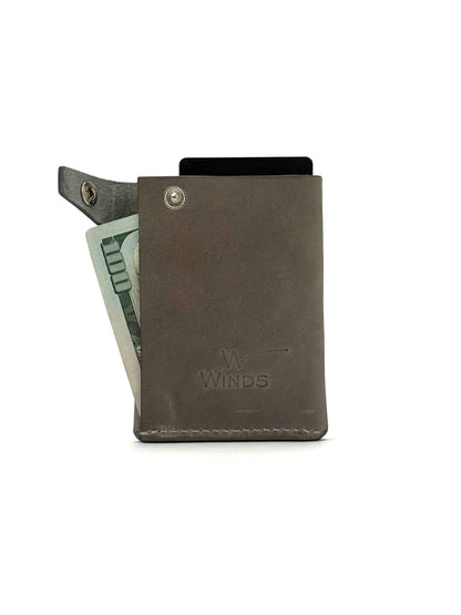 grey keeper leather wallet back view opened with Winds logo, cash and cards