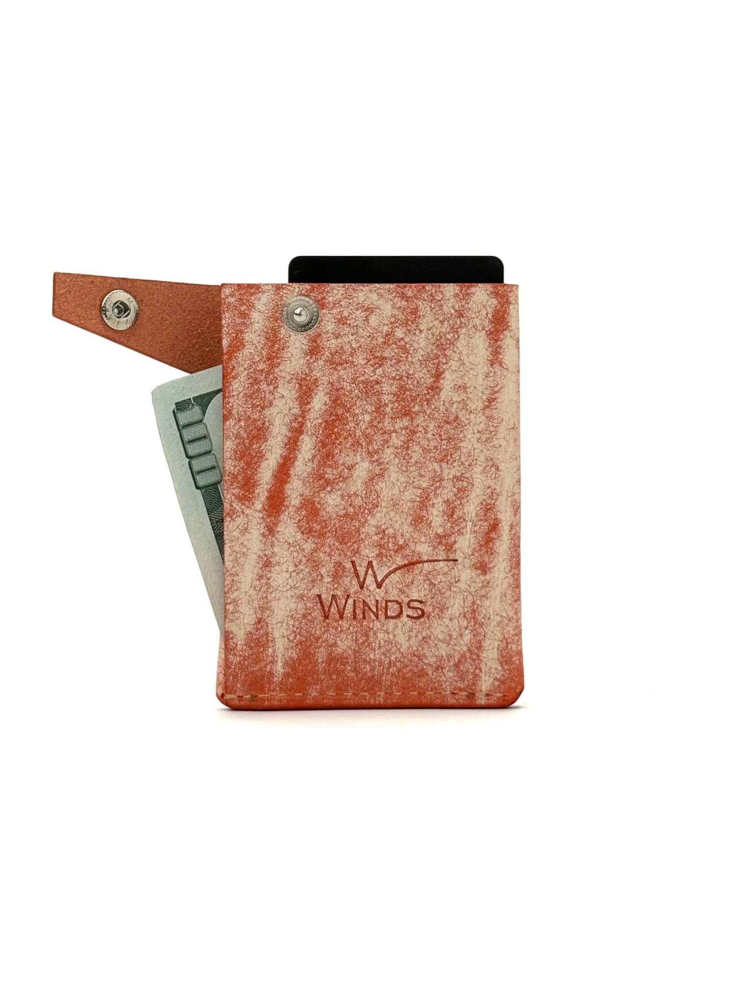 orange keeper leather wallet back view opened with Winds logo, cash and cards