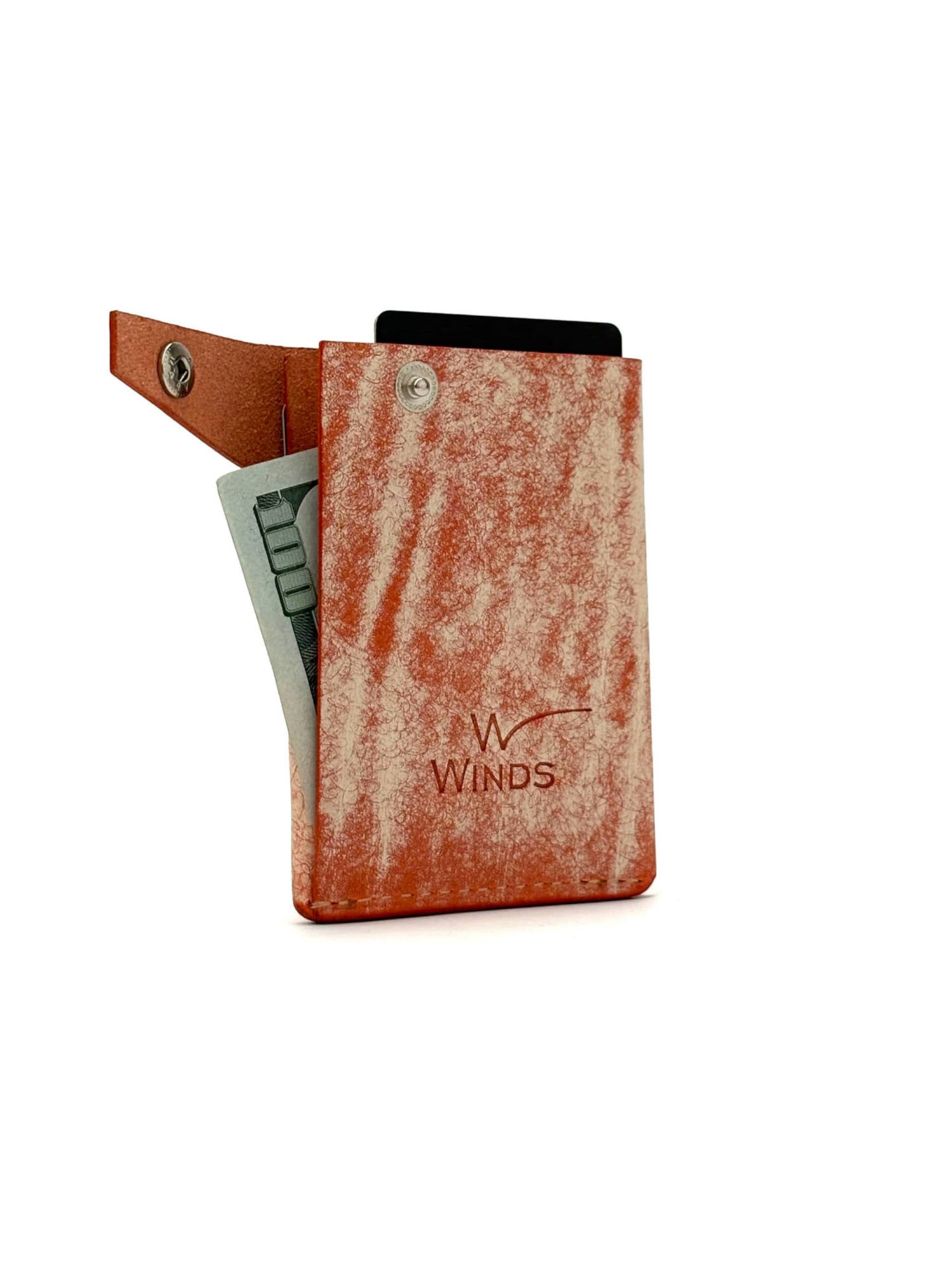 orange keeper leather wallet back view opened and rotated with Winds logo, cash and cards