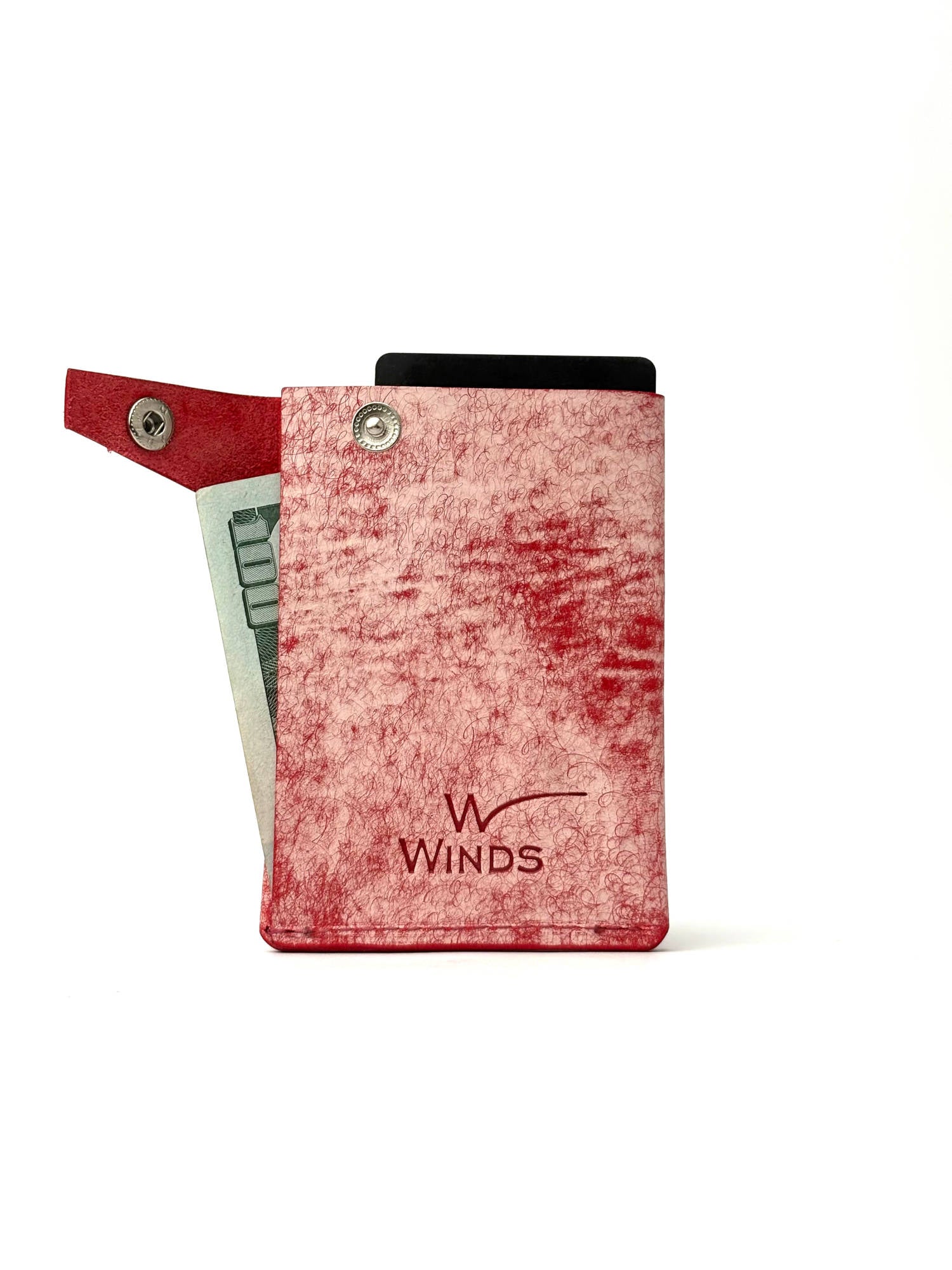 red keeper leather wallet back view opened with Winds logo, cash and cards