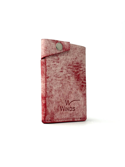 red keeper leather wallet back view closed and rotated with Winds logo