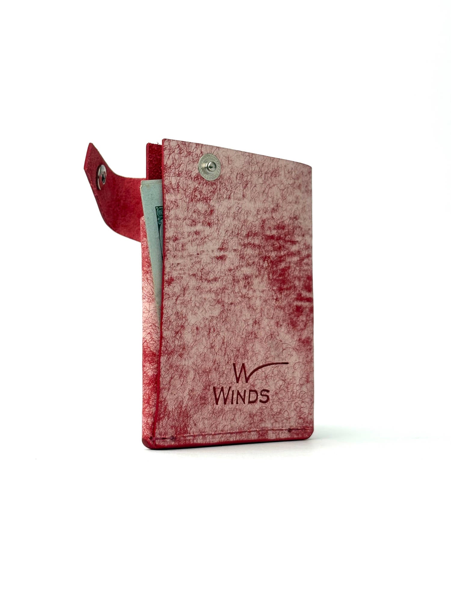 red keeper leather wallet back view opened and rotated with Winds logo, cash and cards