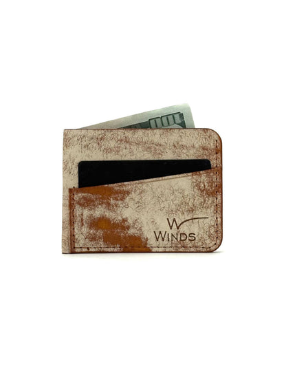 brown wing leather cardholder front view with cards and cash