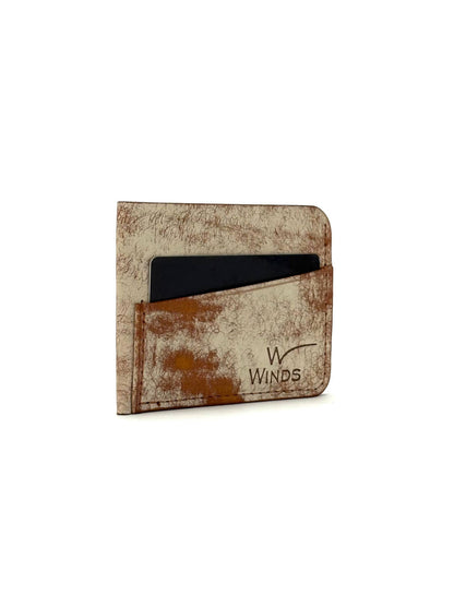 brown wing leather cardholder front view rotated with cards